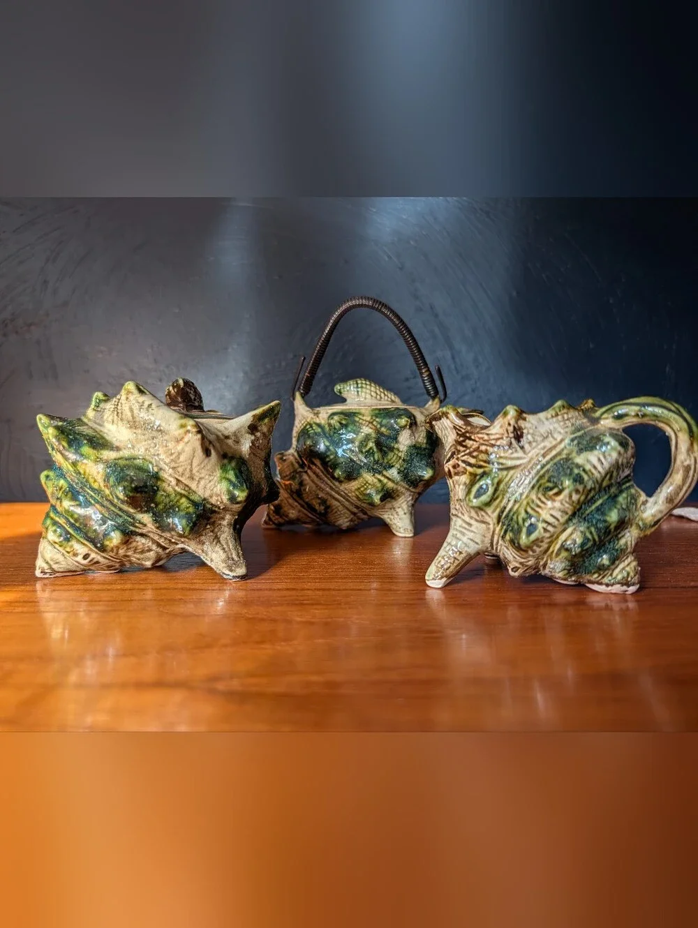 Vintage 3 Piece Florida Souvenir Ceramic CONCH SHELL TEA POT SET Majollica 50's